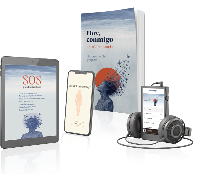 Hoy, conmigo: el libro, la sección SOS en tablet, ¿Dónde lo sentiste? en el celular y las 15 historias en audio